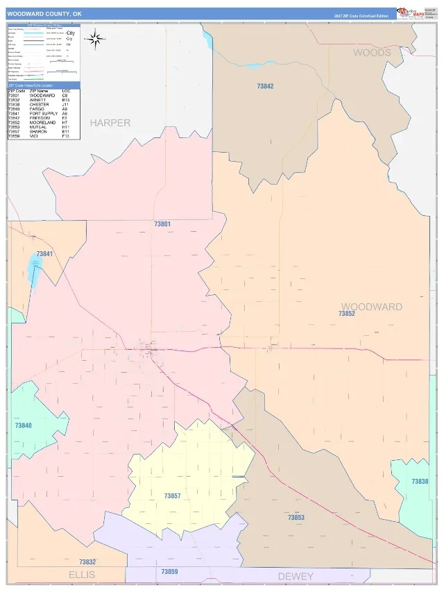 Woodward County, OK ZIP Code Wall Map, ColorCast style