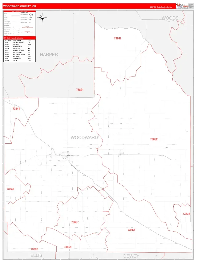 Woodward County, OK ZIP Code Wall Map, RedLine style