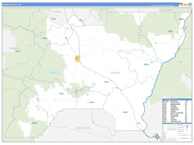 Baker County, OR ZIP Code Wall Map, Business Reference style