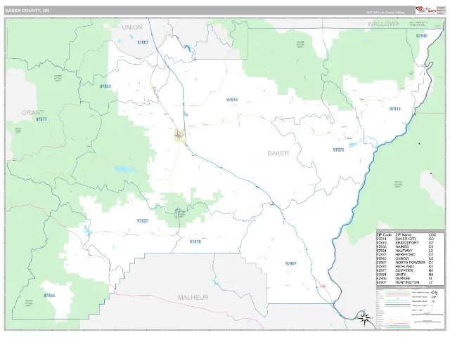 Baker County, OR ZIP Code Wall Map, Classic style