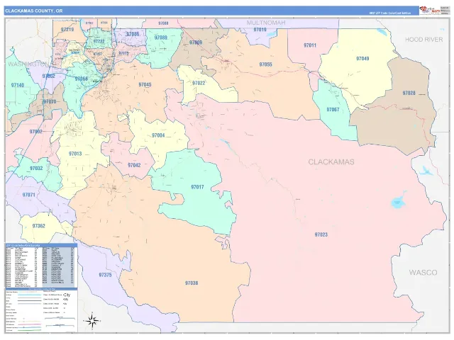 Clackamas County, OR ZIP Code Wall Map, ColorCast style