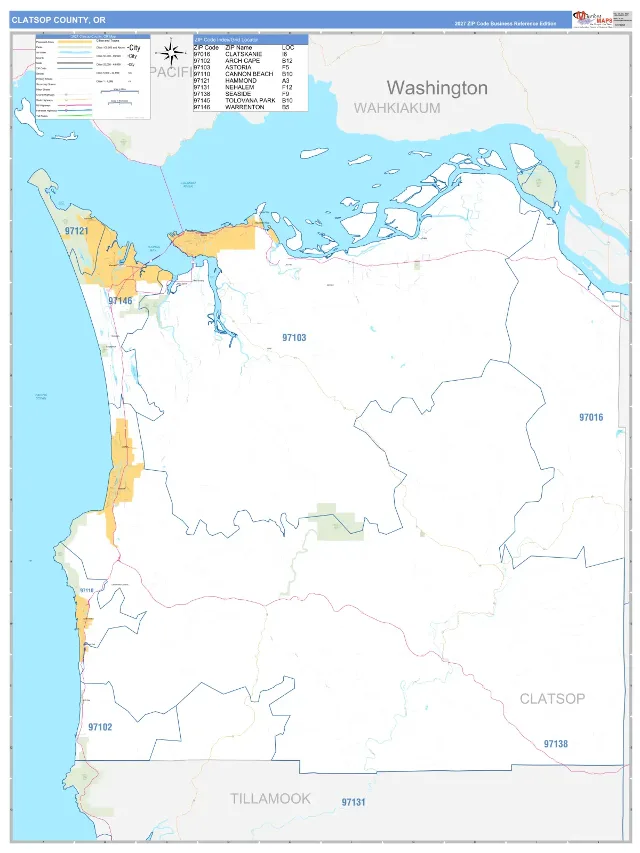 Clatsop County, OR ZIP Code Wall Map, Business Reference style