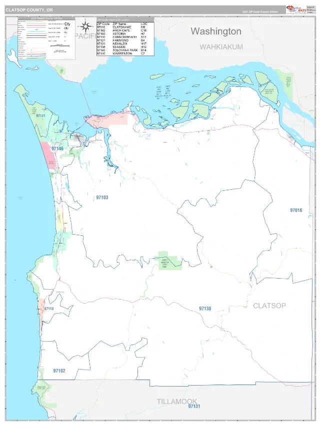 Clatsop County, OR ZIP Code Wall Map, Classic style