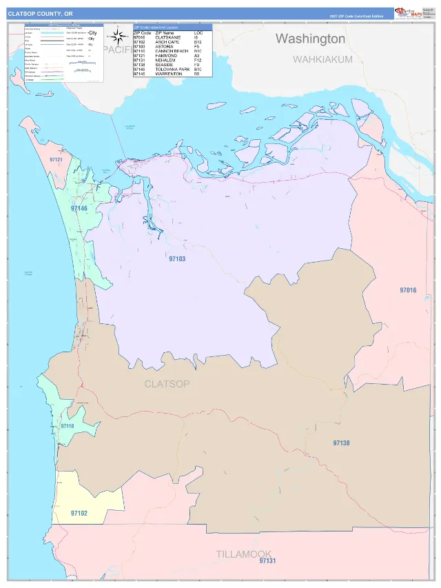 Clatsop County, OR ZIP Code Wall Map, ColorCast style