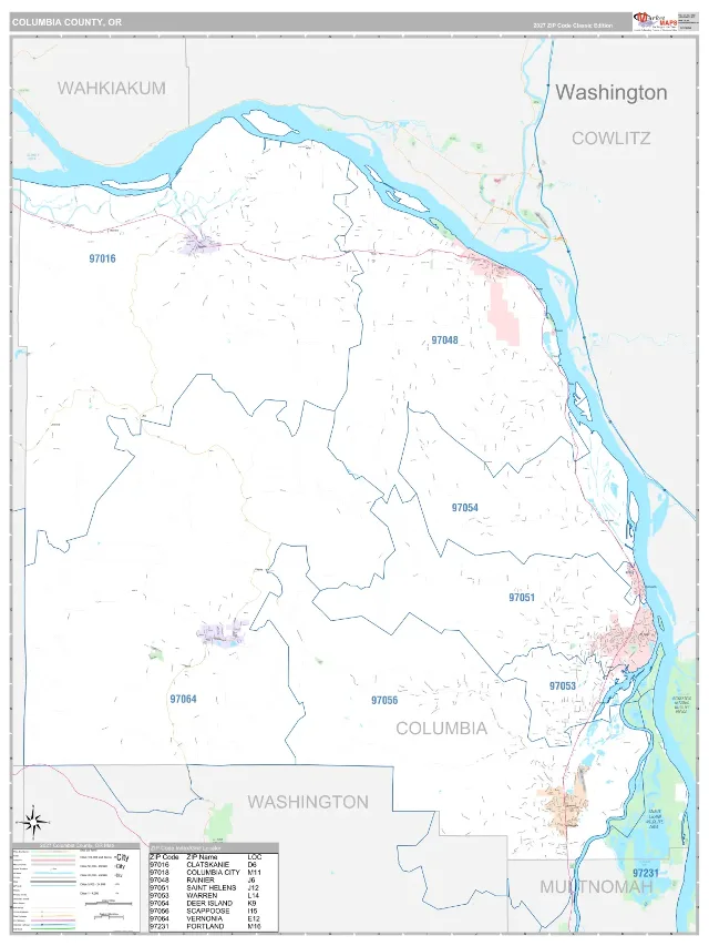 Columbia County, OR ZIP Code Wall Map, Classic style