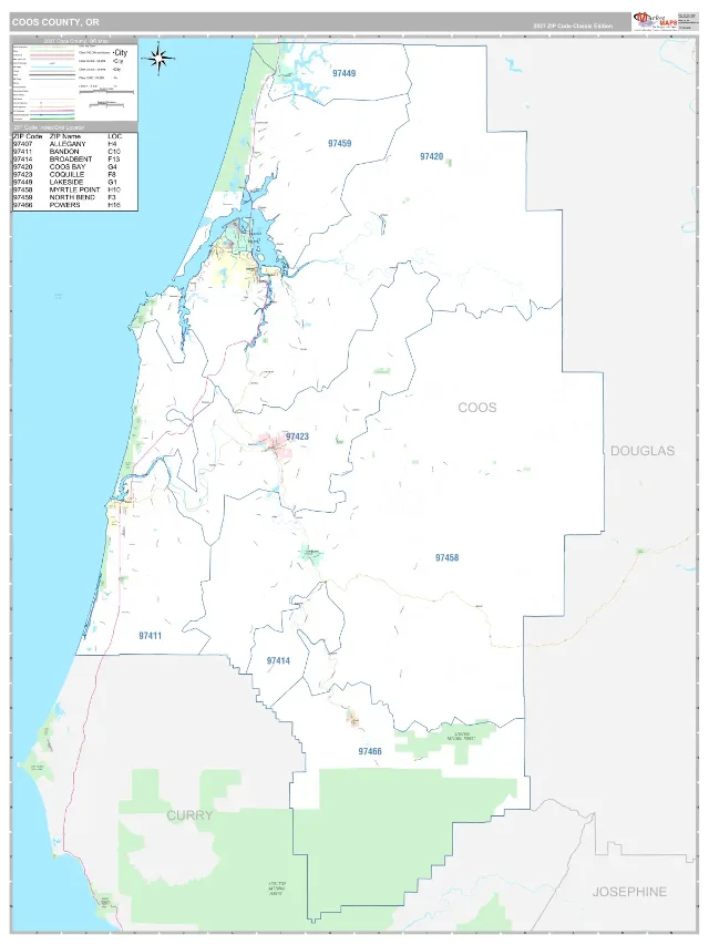 Coos County, OR ZIP Code Wall Map, Classic style
