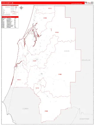 Coos County, OR RedLine style ZIP Code wall map