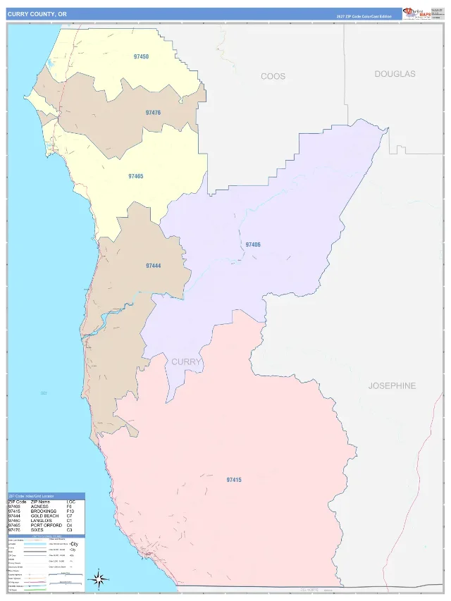 Curry County, OR ZIP Code Wall Map, ColorCast style