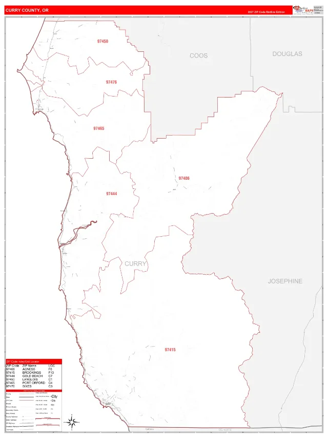 Curry County, OR ZIP Code Wall Map, RedLine style
