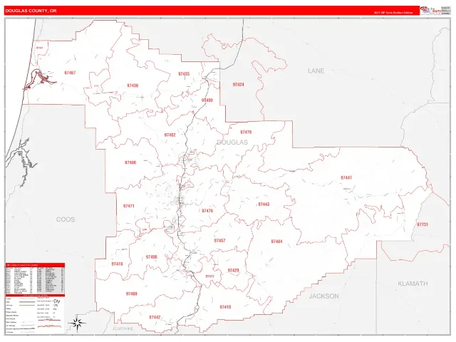 Douglas County, OR ZIP Code Wall Map, RedLine style