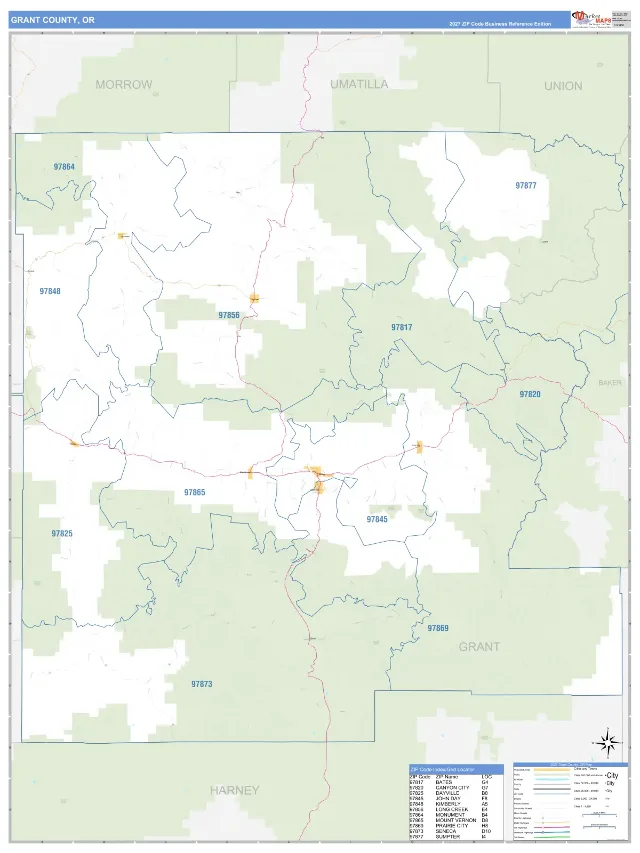 Grant County, OR ZIP Code Wall Map, Business Reference style