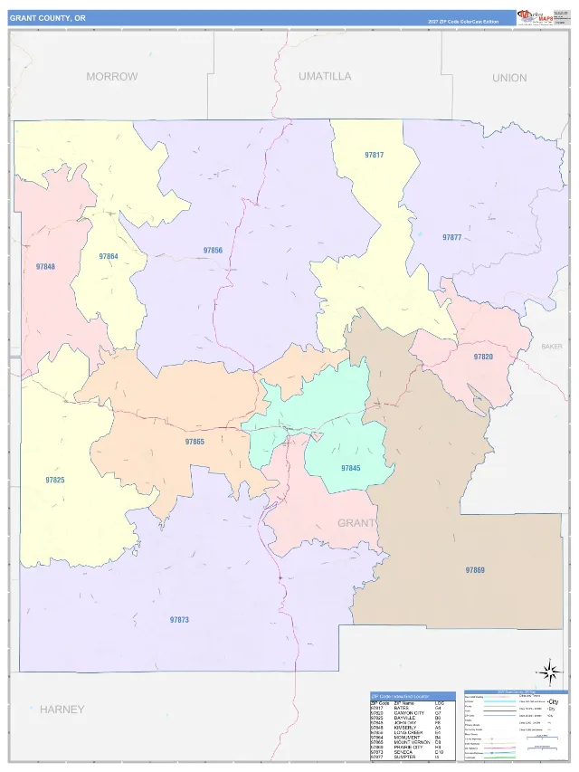 Grant County, OR ZIP Code Wall Map, ColorCast style