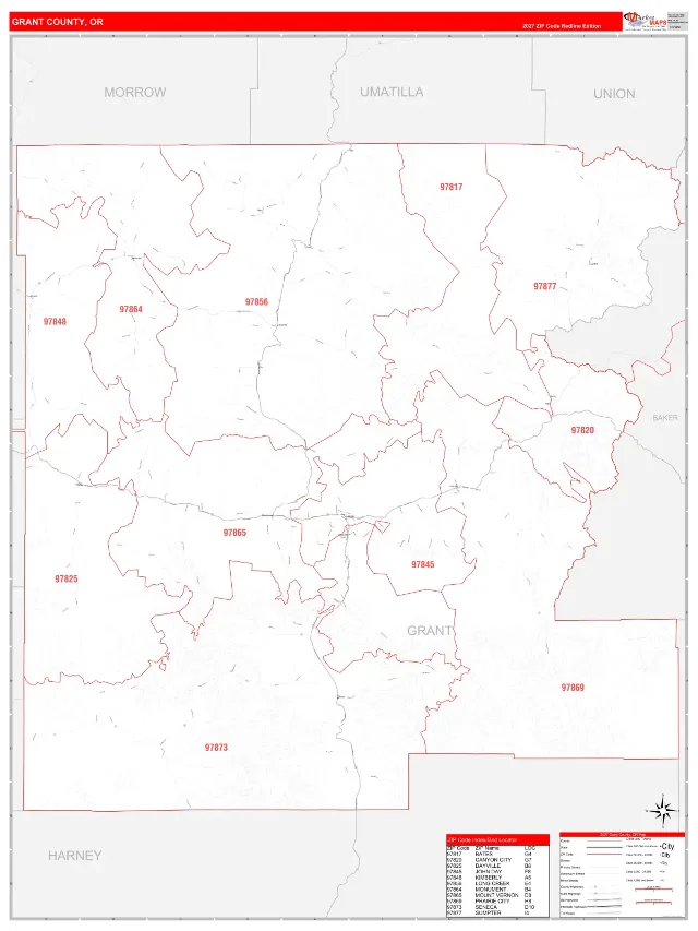 Grant County, OR ZIP Code Wall Map, RedLine style