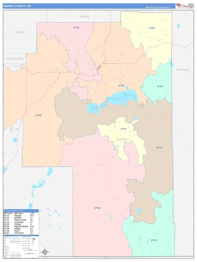Harney County, OR ZIP Code Wall Map, ColorCast style