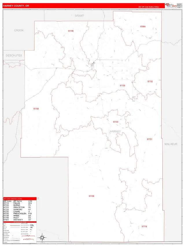 Harney County, OR ZIP Code Wall Map, RedLine style