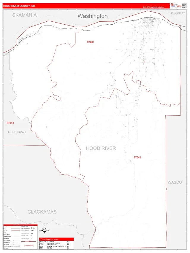 Hood River County, OR ZIP Code Wall Map, RedLine style