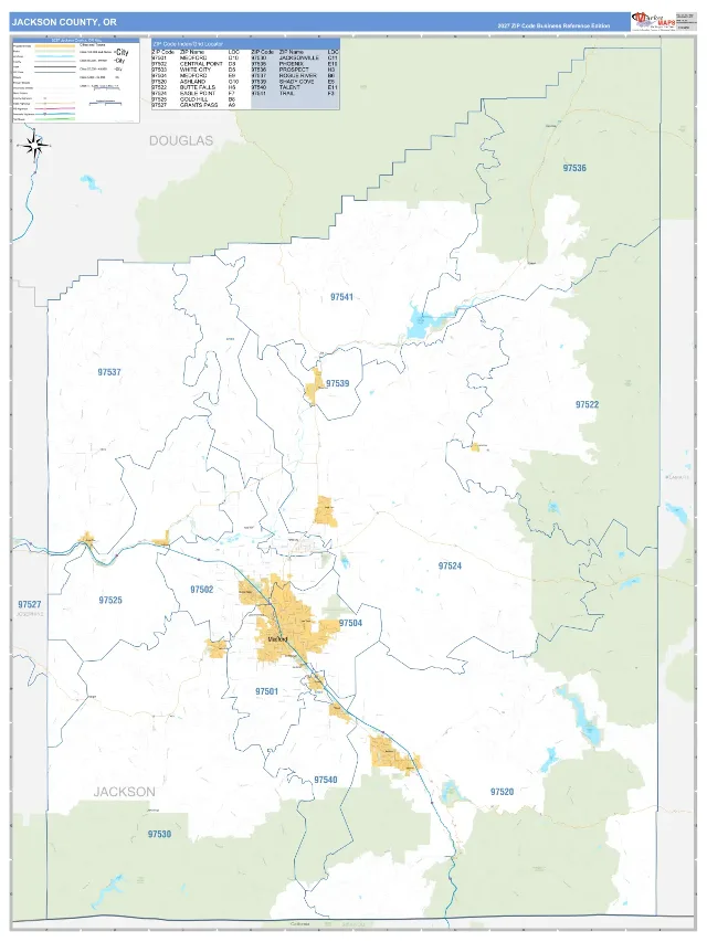 Jackson County, OR ZIP Code Wall Map, Business Reference style