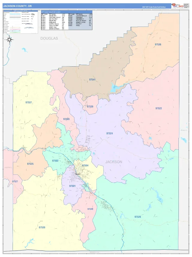 Jackson County, OR ZIP Code Wall Map, ColorCast style