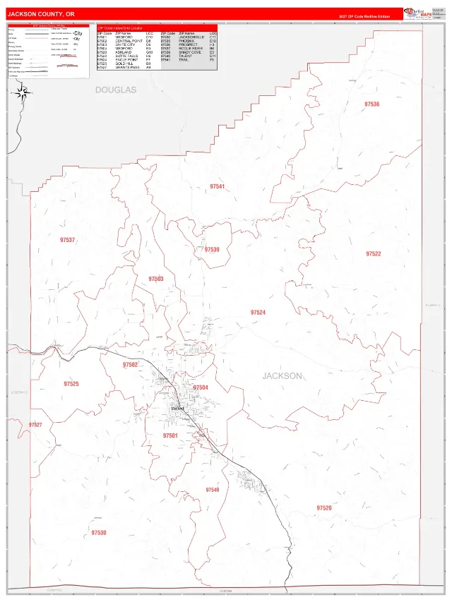 Jackson County, OR ZIP Code Wall Map, RedLine style