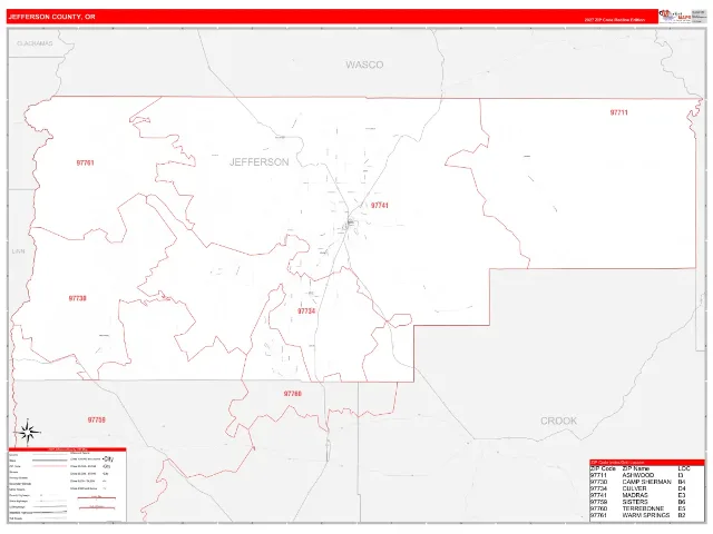 Jefferson County, OR ZIP Code Wall Map, RedLine style