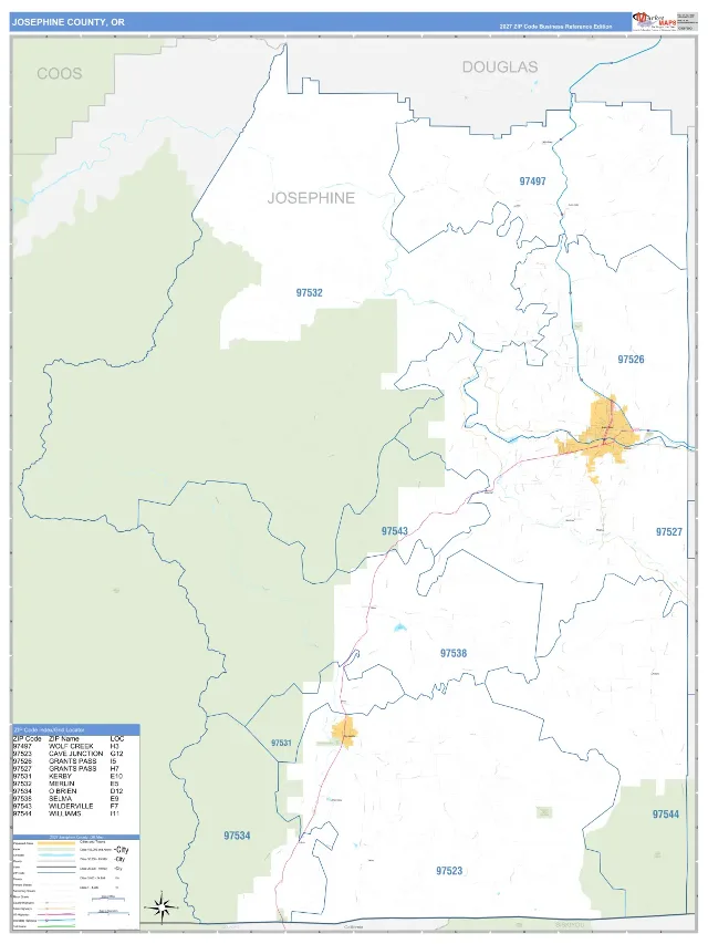 Josephine County, OR ZIP Code Wall Map, Business Reference style