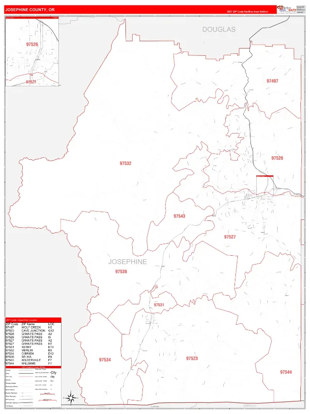 Josephine County, OR ZIP Code Wall Map, RedLine style