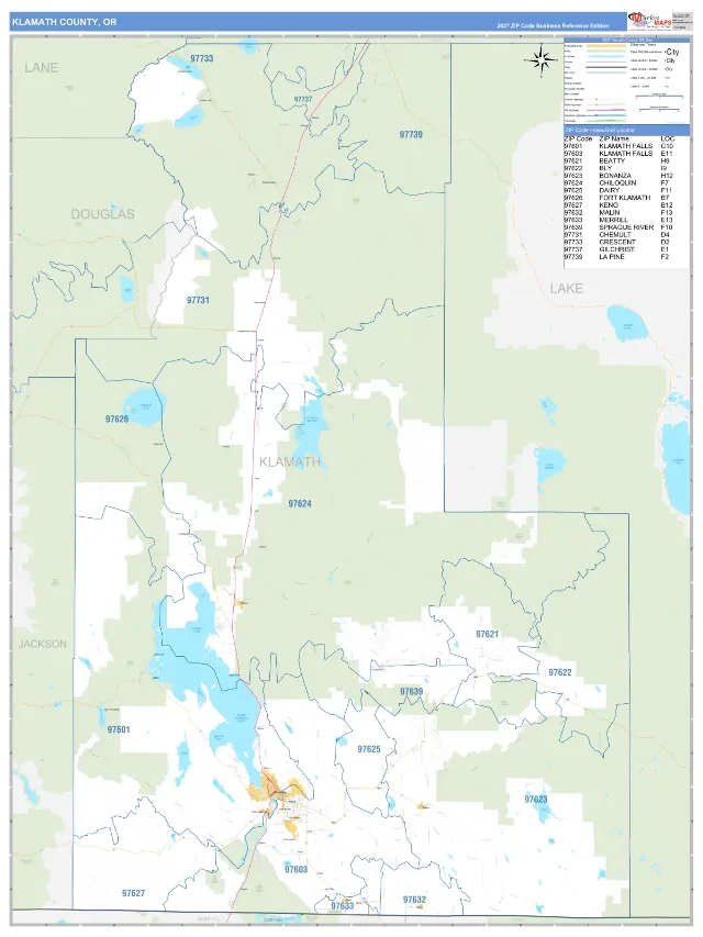 Klamath County, OR ZIP Code Wall Map, Business Reference style