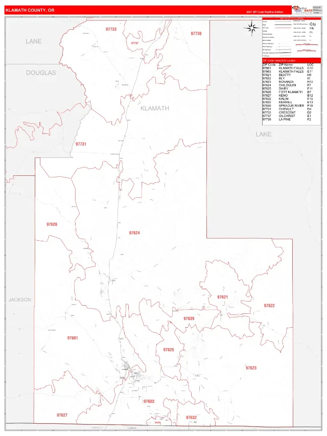 Klamath County, OR ZIP Code Wall Map, RedLine style