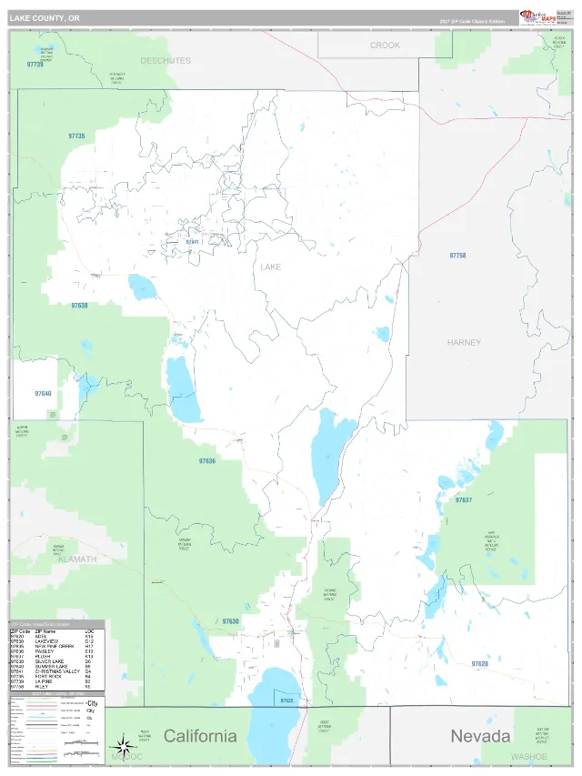 Lake County, OR ZIP Code Wall Map, Classic style