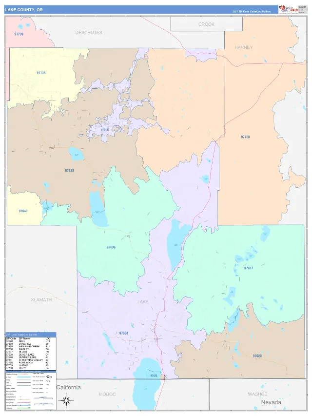 Lake County, OR ZIP Code Wall Map, ColorCast style
