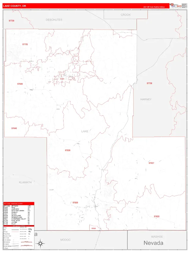 Lake County, OR ZIP Code Wall Map, RedLine style