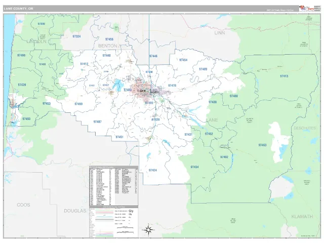 Lane County, OR ZIP Code Wall Map, Classic style