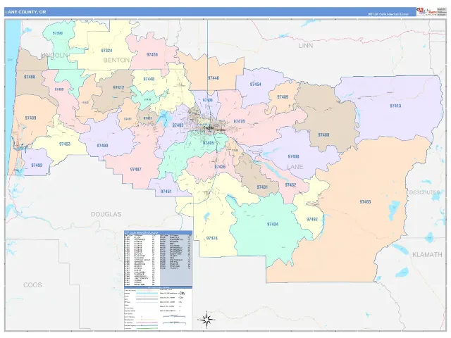 Lane County, OR ZIP Code Wall Map, ColorCast style