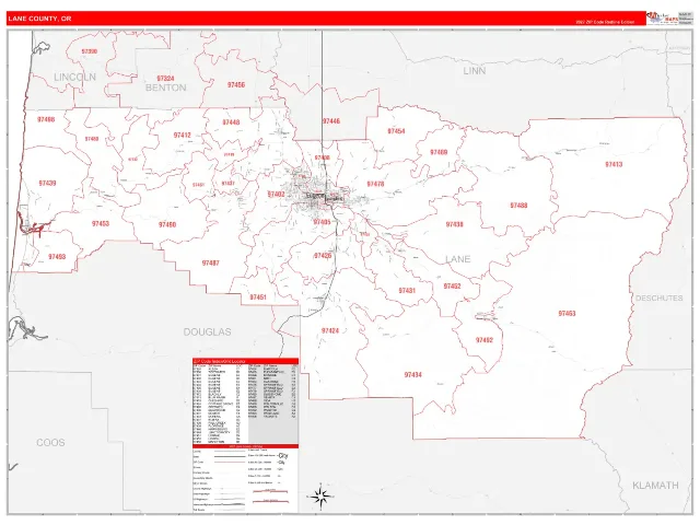Lane County, OR ZIP Code Wall Map, RedLine style