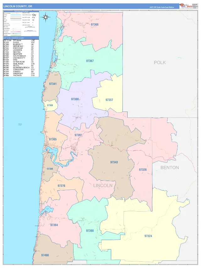 Lincoln County, OR ZIP Code Wall Map, ColorCast style