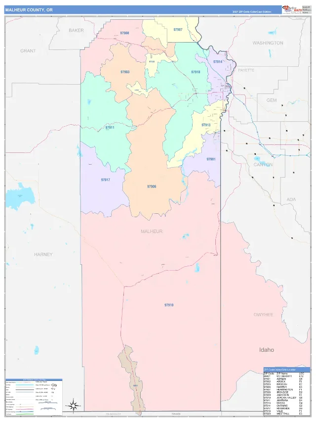 Malheur County, OR ZIP Code Wall Map, ColorCast style