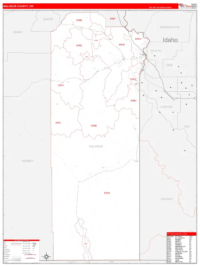 Malheur County, OR ZIP Code Wall Map, RedLine style