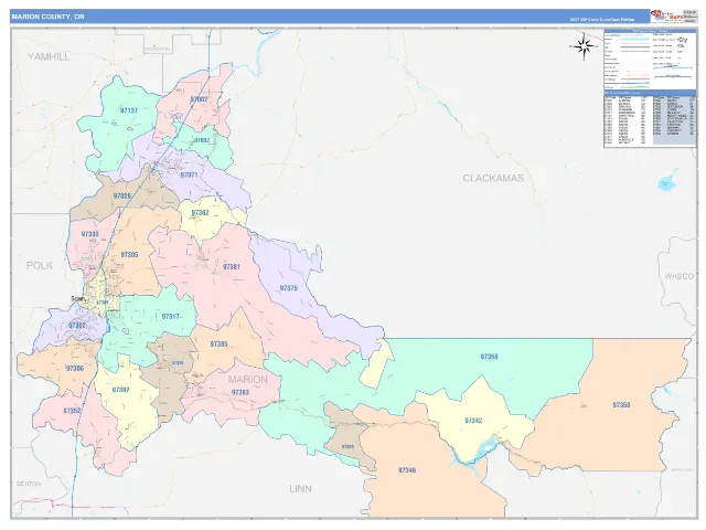 Marion County, OR ZIP Code Wall Map, ColorCast style