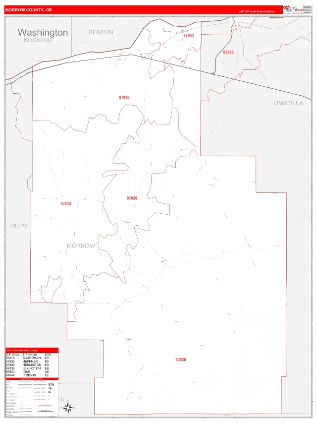 Morrow County, OR ZIP Code Wall Map, RedLine style