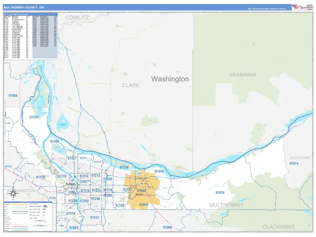 Multnomah County, OR ZIP Code Wall Map, Business Reference style