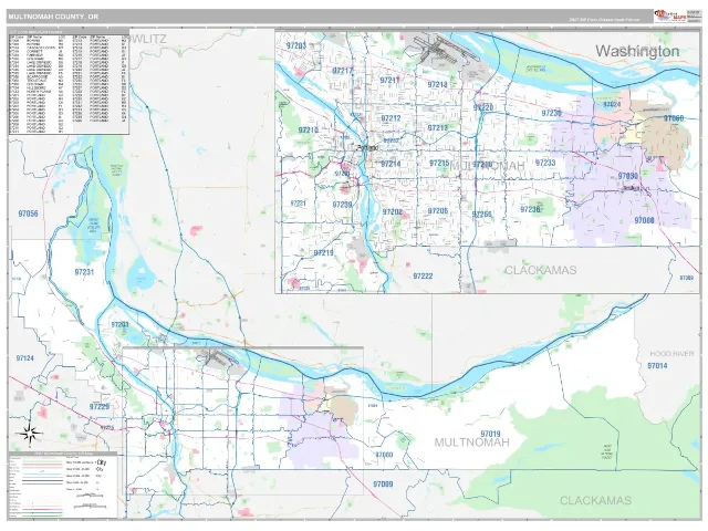 Multnomah County, OR ZIP Code Wall Map, Classic style