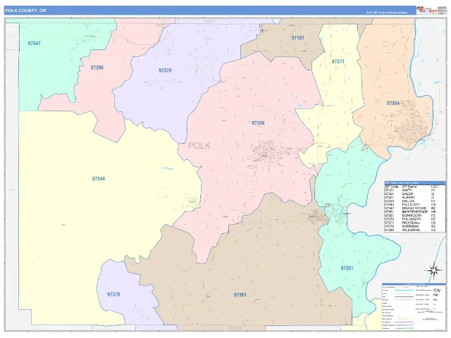 Polk County, OR ZIP Code Wall Map, ColorCast style