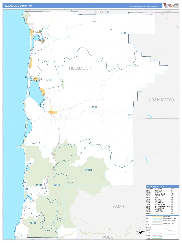 Tillamook County, OR ZIP Code Wall Map, Business Reference style