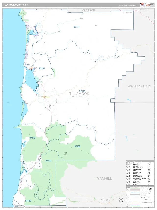 Tillamook County, OR ZIP Code Wall Map, Classic style