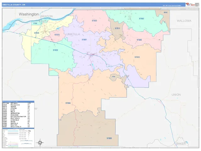 Umatilla County, OR ZIP Code Wall Map, ColorCast style