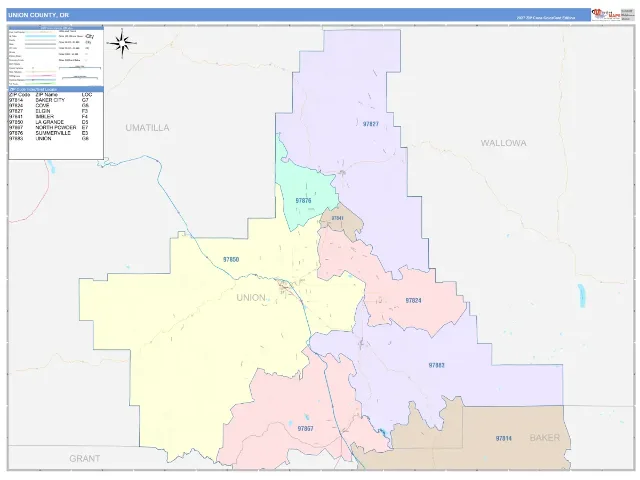 Union County, OR ZIP Code Wall Map, ColorCast style