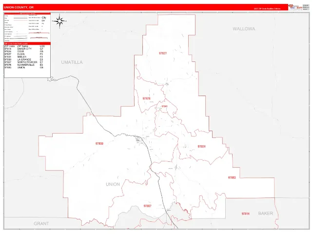 Union County, OR ZIP Code Wall Map, RedLine style