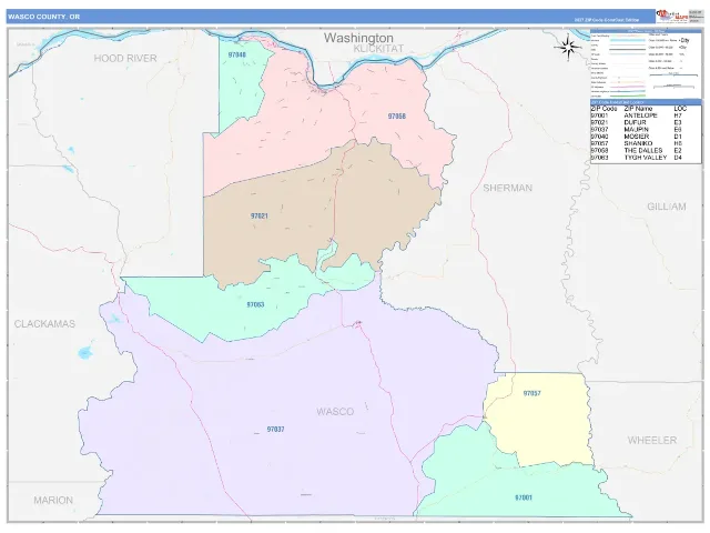 Wasco County, OR ZIP Code Wall Map, ColorCast style