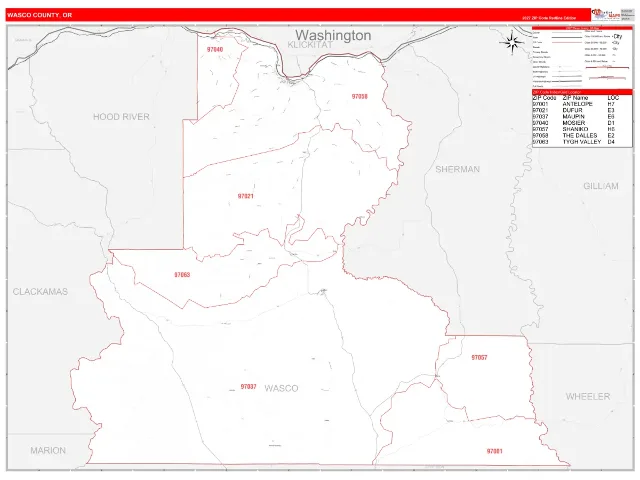 Wasco County, OR ZIP Code Wall Map, RedLine style