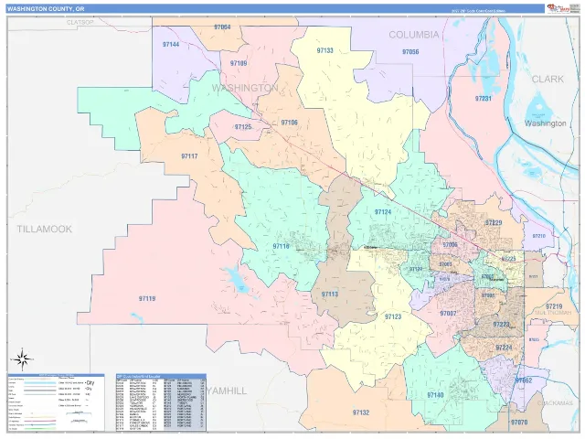 Washington County, OR ZIP Code Wall Map, ColorCast style